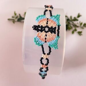 Handcrafted Beaded Bracelet - Black, pale Pink, Blue